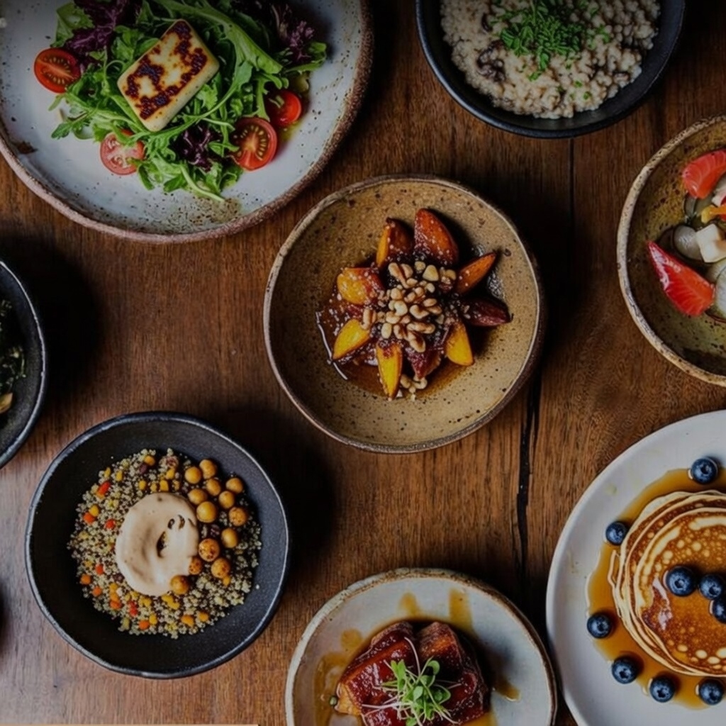 Seasonal dishes with halloumi, roasted figs, and fresh salads