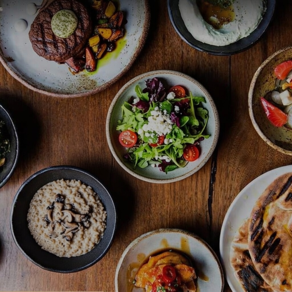 Grilled steak, risotto, and seasonal dishes